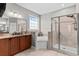 Bright bathroom featuring a glass shower, soaking tub, and double vanity with granite countertop at 400 Palo Verde Dr., Myrtle Beach, SC 29579