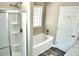 Bathroom featuring a shower, bathtub, and granite countertops with vinyl floors at 104 Jessica Lakes Dr., Conway, SC 29526