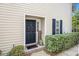 Charming front door with dark shutters, brick accents, and a welcoming 'hello' mat at 1379 Cottage Dr., Myrtle Beach, SC 29577