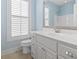 Stylish bathroom features a white vanity with marble countertop, under sink storage, and framed mirror at 18 Coastal Breeze Trail, Pawleys Island, SC 29585