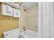 Clean bathroom with a shower and retro-style details at 2311 S Ocean Blvd. # 430, Myrtle Beach, SC 29577
