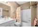 Bathroom featuring a shower/tub combo, vanity and decorative accents at 4355 Willoughby Ln. # 401, Myrtle Beach, SC 29577
