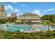 Stunning aerial view of a resort-style pool area, complete with numerous lounge chairs and lush landscaping at 8546 San Marcello Dr. # 1-102, Myrtle Beach, SC 29579