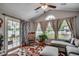 Bright sunroom with sliding glass doors, vaulted ceilings, and comfortable lounge seating at 113 Camrose Way, Myrtle Beach, SC 29588