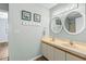 Bathroom with double sinks, large mirrors and a shower and tub combo at 2700 S Ocean Blvd. # A-3, North Myrtle Beach, SC 29582