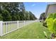 Well-manicured lawn in fenced backyard with established trees and tropical plant accents at 424 Enderby Way, Little River, SC 29566