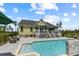 Rear elevation view of home with in-ground pool, stone patio, and outdoor seating areas at 1763 Hemingway Rd., Loris, SC 29569