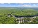 Expansive aerial view showcasing a home nestled by a river surrounded by lush, dense forest and neighborhood homes at 3565 Steamer Trace Rd., Conway, SC 29527