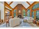 Vaulted ceiling great room with wood walls, brick fireplace, and bright windows at 520 Chapman Loop, Pawleys Island, SC 29585