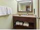 Bathroom vanity features a large mirror, towels, and granite counter with storage beneath sink at 6804 N Ocean Blvd. # 829, Myrtle Beach, SC 29572