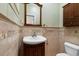 Charming powder room with vanity, mirror, and decorative tile backsplash at 115 Ford Ave, Mullins, SC 29574