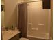 Clean bathroom featuring a shower/tub combo and a modern vanity at 224 Fishburn Dr., Conway, SC 29526