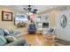 Inviting living room with comfortable seating, a ceiling fan, and a view from the window at 6001 South Kings Hwy., Myrtle Beach, SC 29575
