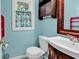 Stylish bathroom features a blue accent wall, dark wood vanity and flamingo themed window treatment at 715 9Th Ave. S, Surfside Beach, SC 29575