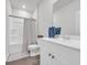 Bathroom with modern vanity, shower-tub combo, and decorative shower curtain at 112 Carolina Lakes Blvd., Myrtle Beach, SC 29588