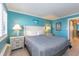 Cozy main bedroom with serene turquoise walls, white furnishings and ample light at 2001 S Ocean Blvd. # 914, Myrtle Beach, SC 29577