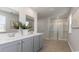 Modern bathroom with double vanity, sleek gray cabinets, and a glass-enclosed shower at 406 Glade Ct., Loris, SC 29569