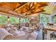 Inviting outdoor patio featuring wood ceiling with string lights, comfortable wicker furniture, and a stone fireplace at 476 Lakeshore Dr., Pawleys Island, SC 29585