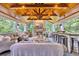 Inviting outdoor patio with a stone fireplace, wood ceiling with string lights, and comfortable wicker furniture at 476 Lakeshore Dr., Pawleys Island, SC 29585