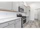 Modern kitchen showcasing stainless steel appliances, gray cabinets, and granite countertops at 618 Lightwood Dr., Conway, SC 29526
