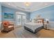 A serene blue bedroom features a comfortable bed, a telescope, and a door leading to an outdoor view at 107 Waterway Crossing Ct., Little River, SC 29566