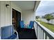 View of the balcony with patio chairs, outdoor carpet, and sliding glass doors at 191 Maison Dr. # B-123, Myrtle Beach, SC 29572