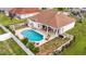 Aerial view of a private backyard with a pool, covered patio, and lush greenery at 2191 Deerfield Ave., Surfside Beach, SC 29575