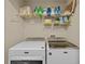 Well-equipped laundry room with modern washer and dryer and shelving at 3795 Hitchcock Way # 618, Myrtle Beach, SC 29577
