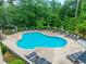 Community pool surrounded by greenery, lounge chairs, and tables for relaxation at 395 Dunbarton Ln., Conway, SC 29526