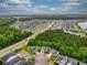 Wide community aerial view with lush trees, nearby shopping, and roadways, showcasing a serene neighborhood at 1444 Thames Ct., Myrtle Beach, SC 29577