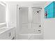 Clean bathroom with tiled shower and modern fixtures with a vanity and framed mirror at 2301 S Ocean Blvd. # 621, Myrtle Beach, SC 29577