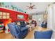 Cozy living room with blue furniture, a coastal themed mural, fan, and French doors that brings in natural light at 901 Southwind Ct., Garden City Beach, SC 29576