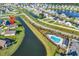 Aerial view of a neighborhood with a community pool, scenic water views, and well-kept lawns and landscaping at 1124 Valetto Loop, Myrtle Beach, SC 29579