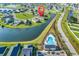 Aerial view of home near a community pool and lake, showcasing the neighborhood's amenities and water access at 1124 Valetto Loop, Myrtle Beach, SC 29579
