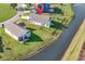 Aerial view of home with water view, fenced backyard, and well-maintained lawn in a residential neighborhood at 1124 Valetto Loop, Myrtle Beach, SC 29579