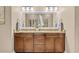Double vanity bathroom with brown cabinets, granite countertop, and large mirror at 290 Dornoch Dr., Pawleys Island, SC 29585
