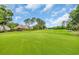 A scenic view of the lush green golf course with mature trees, and blue skies in the background at 290 Dornoch Dr., Pawleys Island, SC 29585