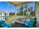 Relaxing screened porch with blue cushioned chairs and a serene view of the pond and lush greenery at 4933 Crab Pond Ct. # 201, Myrtle Beach, SC 29579