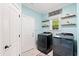 Functional laundry room with modern appliances and shelving for storage at 131 Sago Palm Dr., Myrtle Beach, SC 29579