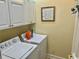 Functional laundry area with full-size washer, dryer, and ample storage in bright white cabinets at 1504 Saint Thomas Circle, Myrtle Beach, SC 29577