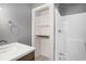 Bathroom features vanity and shower stall with built-in shelves at 6001-1833 S Kings Hwy., Myrtle Beach, SC 29575