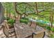 Outdoor dining area with stone table, seating, mature trees, and serene lake view at 67 Camden Circle, Pawleys Island, SC 29585