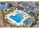 Aerial view of a resort-style pool and hot tub, surrounded by lounge chairs and lush landscaping near a pond at 67 Camden Circle, Pawleys Island, SC 29585