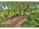 Scenic view of a wooden swing set overlooking a pond with lush landscaping at 67 Camden Circle, Pawleys Island, SC 29585