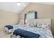 Bright bedroom features vaulted ceilings, a fan, and two twin beds with plush blue blankets at 108 N Oak Dr., Surfside Beach, SC 29575