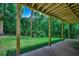 Covered patio area leading to a well-maintained lawn and a serene wooded backdrop at 1673 Carriage Ln., Little River, SC 29566