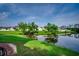 Backyard view featuring a tranquil pond surrounded by green grass and neighboring houses at 3120 Mercer Dr., Conway, SC 29526