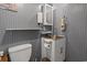 Contemporary bathroom with white cabinets, stainless sink, mirror, and gray wood paneling creating a clean and functional space at 390 Boundary Ave., Murrells Inlet, SC 29576