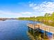 Scenic view of a serene lake with a wooden pier extending into the calm, rippling water at 4410 Honir Dr., Myrtle Beach, SC 29579