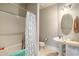 Clean bathroom with a shower/tub combination, a pedestal sink, and neutral tones for a soothing ambiance at 2180 Waterview Dr. # 725, North Myrtle Beach, SC 29582